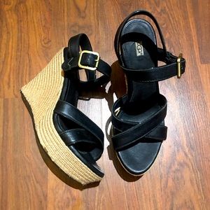 UGG Black Leather Espadrille Platform Wedges - 38 / 7.5